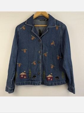 Northcrest Vintage 90s Y2K Cabincore Emboridered Bear Denim Jacket - Size Large‎
